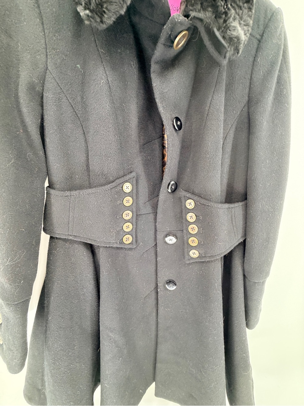 Betsey Johnson Black Wool Blend Faux Fur Collar Fit & Flare coquette Coat Size 2 - Picture 3 of 9